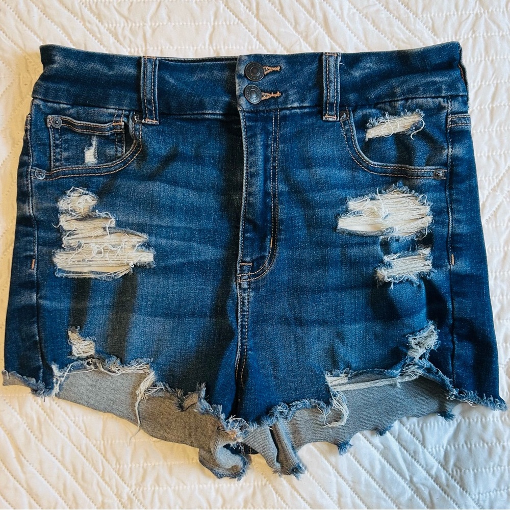 American Eagle Outfitters Curvy Rise Shortie Ripped Blue Jean Shorts- size 8